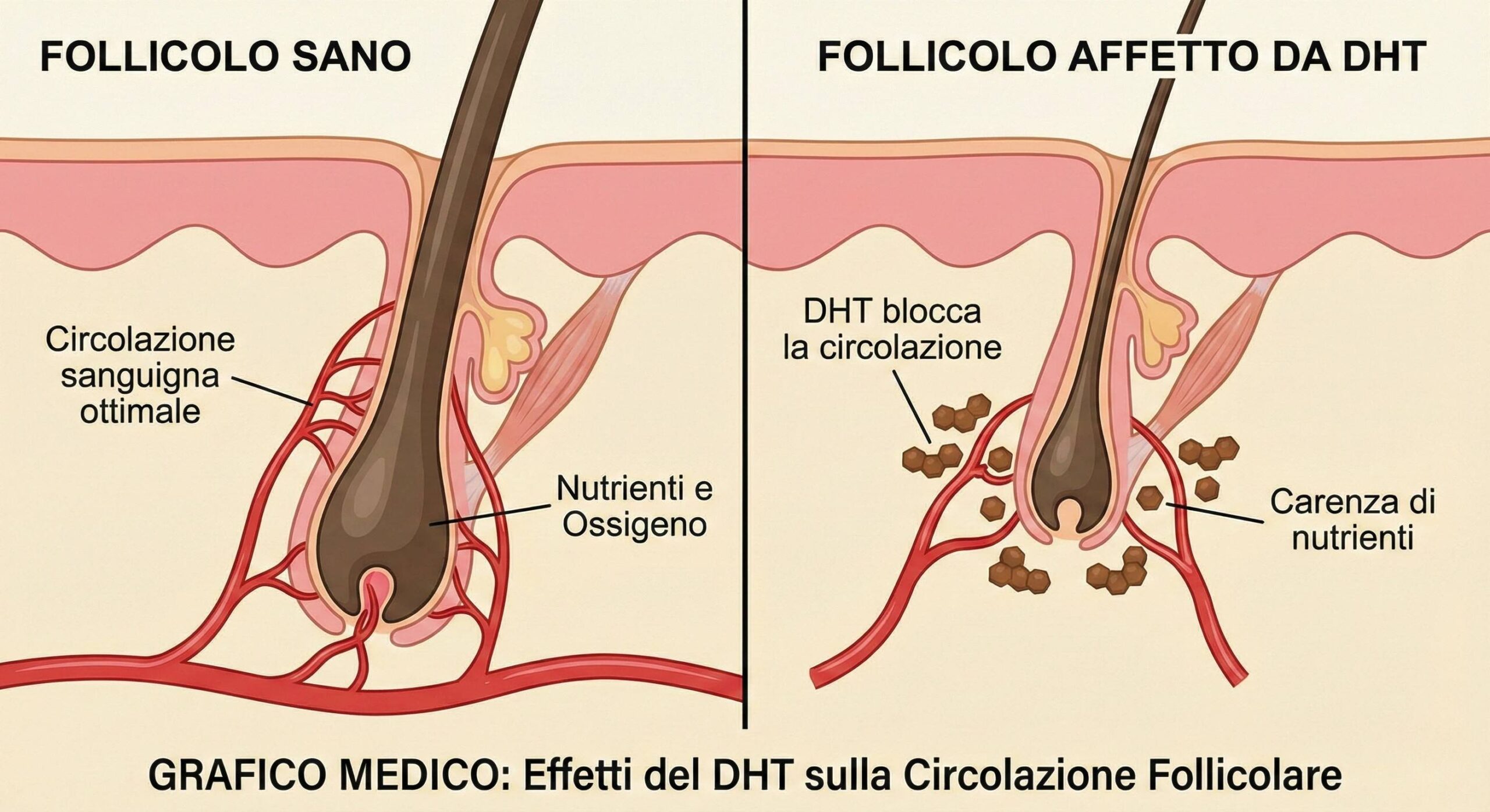 Grafico medico che mostra la differenza tra un follicolo sano e uno soffocato dal DHT che blocca la circolazione sanguigna