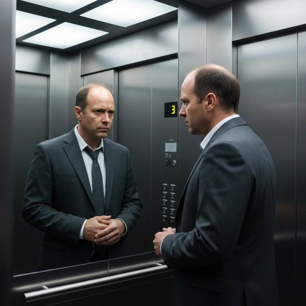 Uomo di circa 40 anni in ascensore che guarda con preoccupazione il riflesso della sua testa diradata e lucida sotto la forte luce al neon