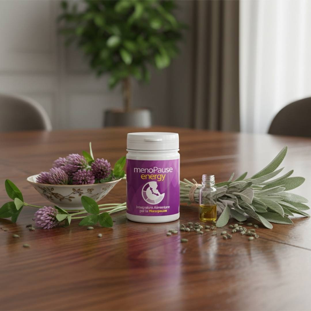 Flacone di MenoPause Energy su un tavolo elegante con ingredienti naturali come trifoglio rosso e salvia accanto