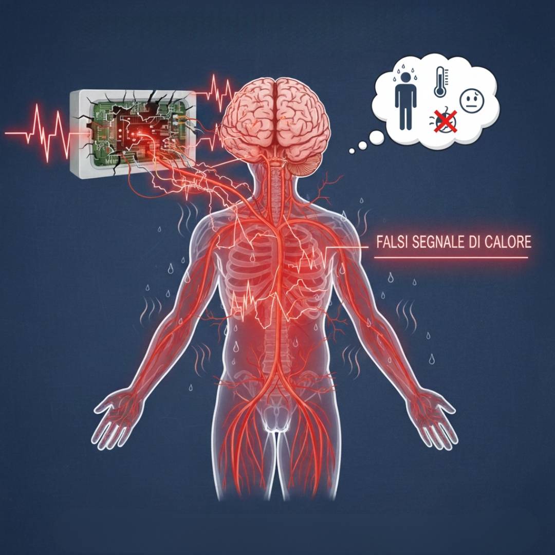 Illustrazione scientifica che mostra l'ipotalamo nel cervello come un termostato rotto che invia falsi segnali di calore al corpo