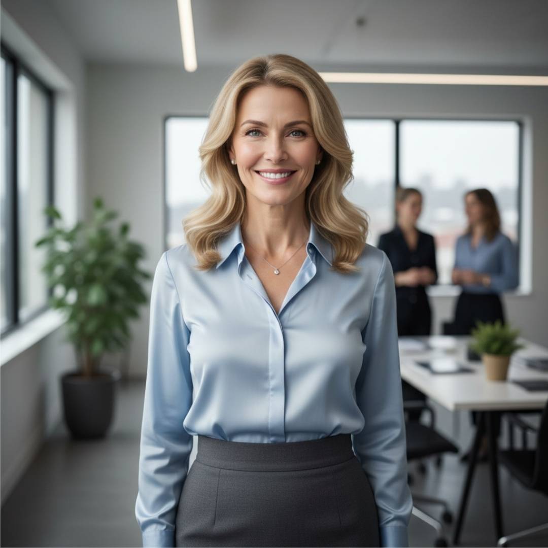 Laura M. sorridente in ufficio, vestita elegante e dall'aspetto fresco