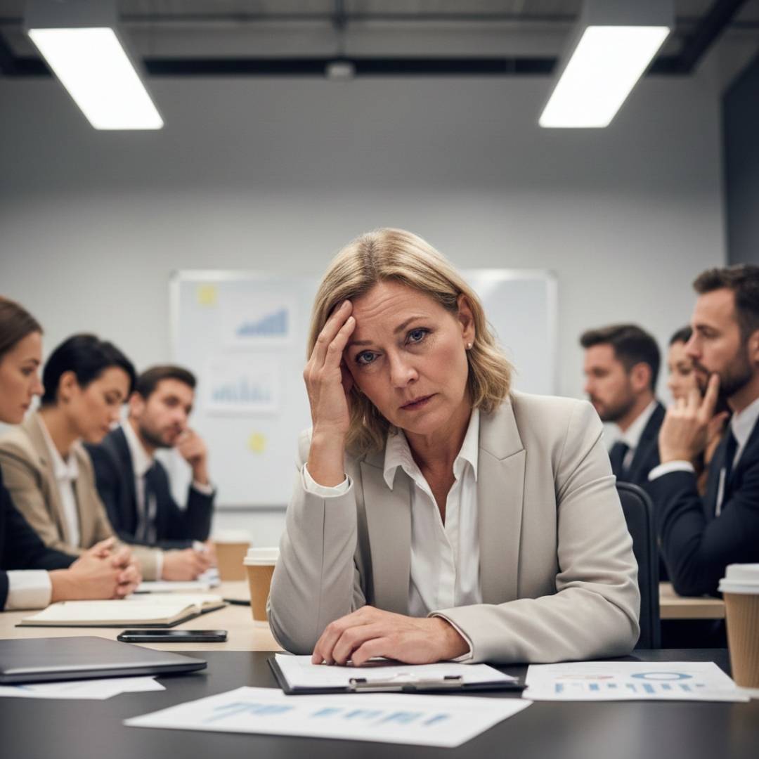 Donna di mezza età in ufficio che si tocca la fronte sudata, visibilmente imbarazzata e a disagio durante una riunione di lavoro