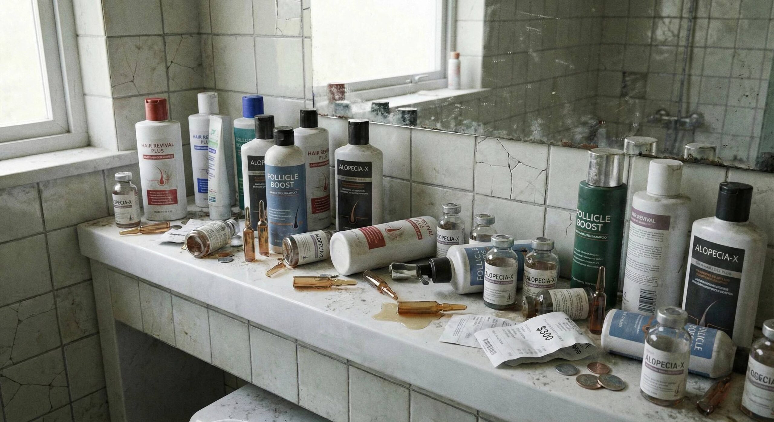 Mensole di un bagno piene di flaconi di shampoo anticaduta e fiale aperti e abbandonati, simbolo di soldi sprecati