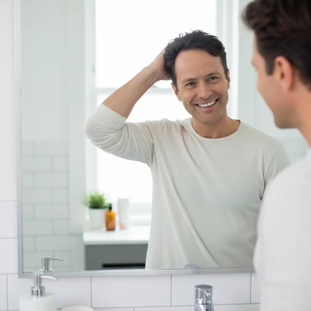 Uomo di 42 anni sorridente e sicuro di sé, con una capigliatura visibilmente più folta e sana, che si tocca i capelli con soddisfazione