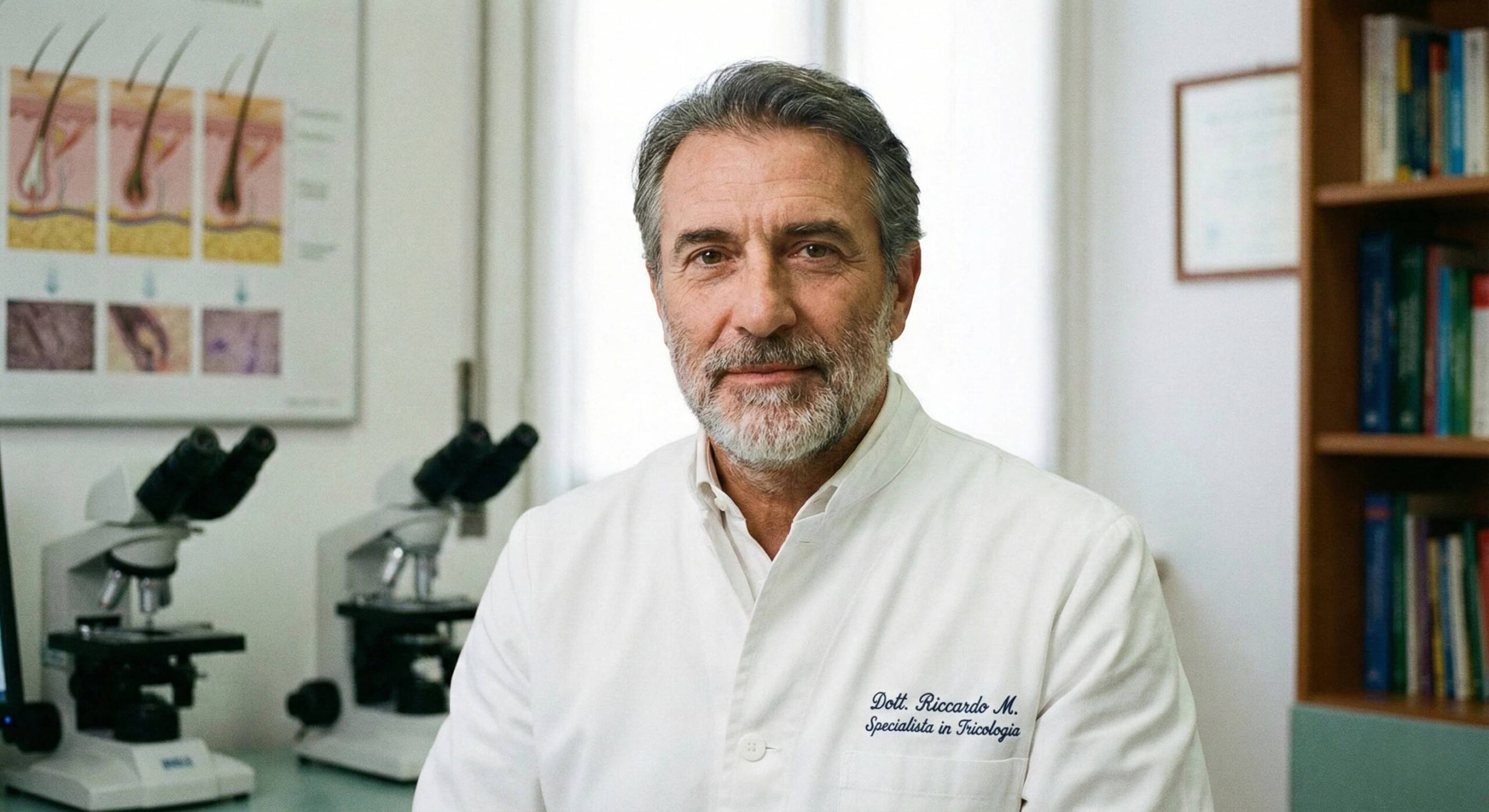 Primo piano del Dottor Riccardo M., specialista in tricologia con camice bianco e sguardo professionale