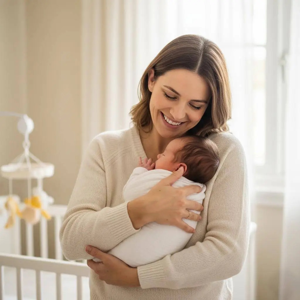 Marta S. sorridente che tiene in braccio un neonato