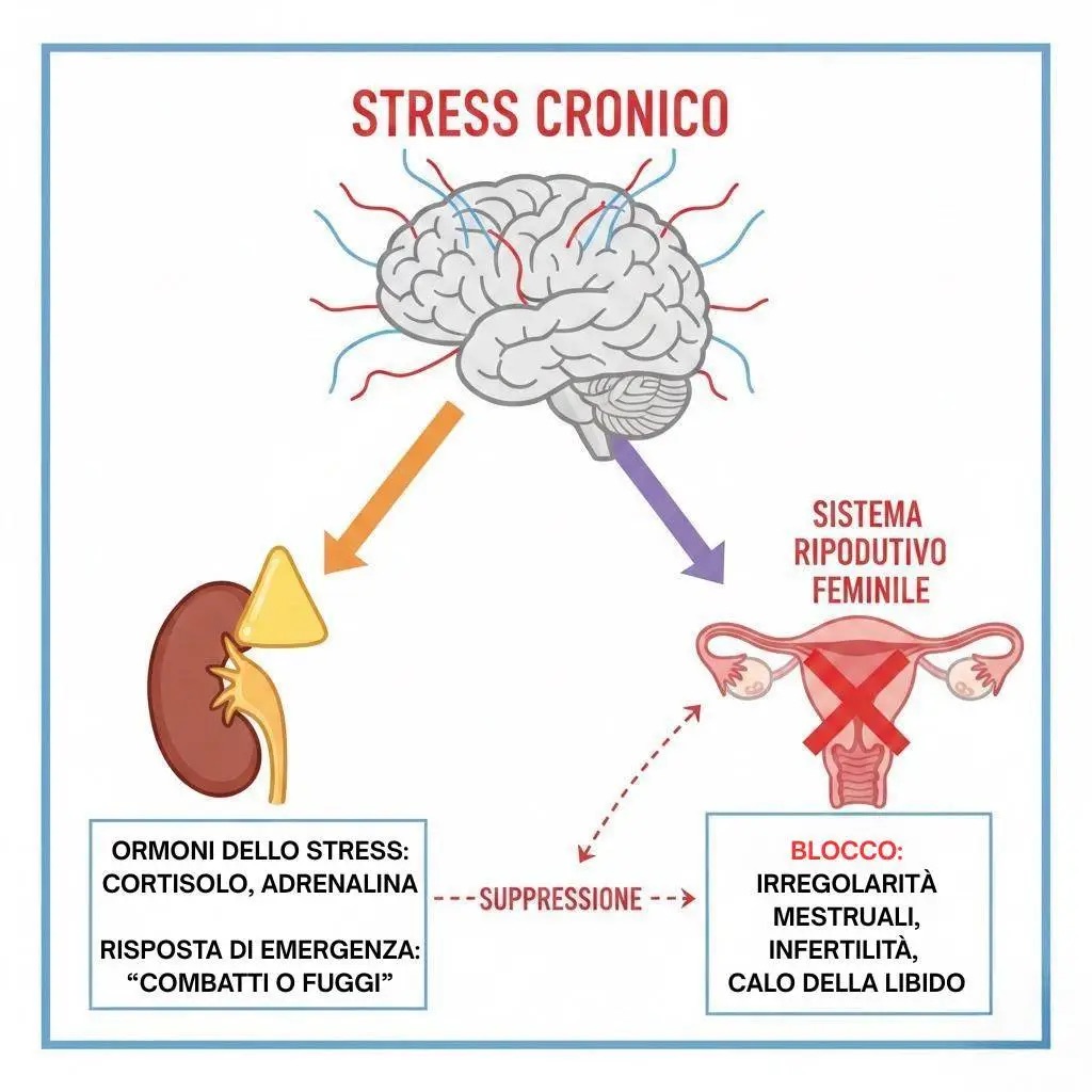 Illustrazione medica che mostra come lo stress blocca il sistema riproduttivo femminile e attiva gli ormoni dell'emergenza
