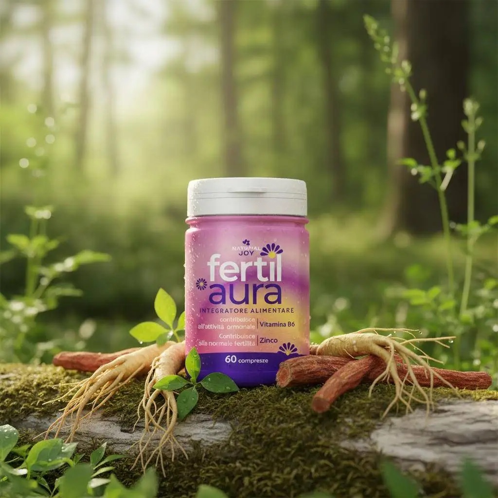 Flacone di FertilAura immerso in un contesto naturale con ingredienti come Ginseng e Rhodiola visibili