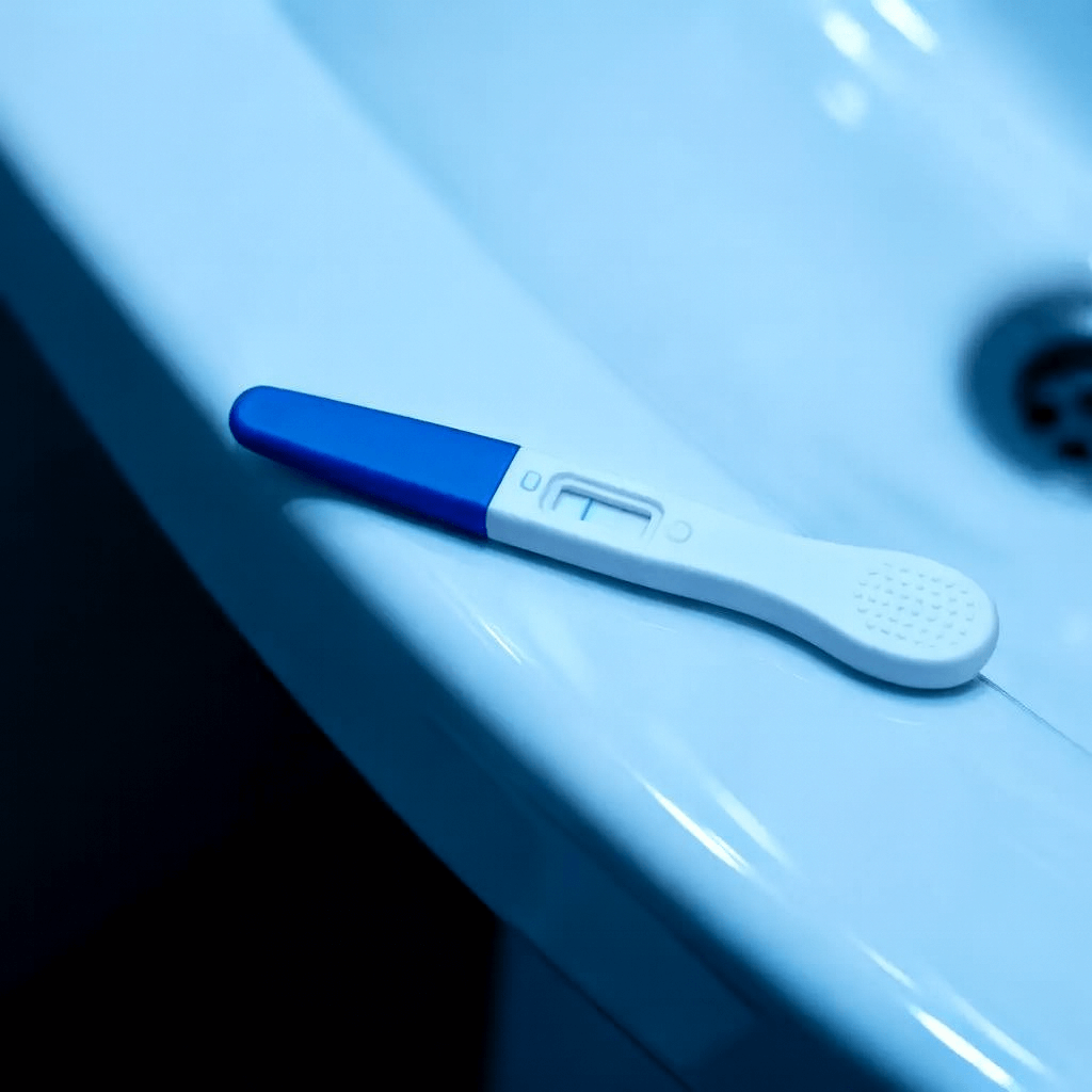 Primo piano di un test di gravidanza negativo appoggiato sul lavandino del bagno, atmosfera fredda e triste che evoca delusione