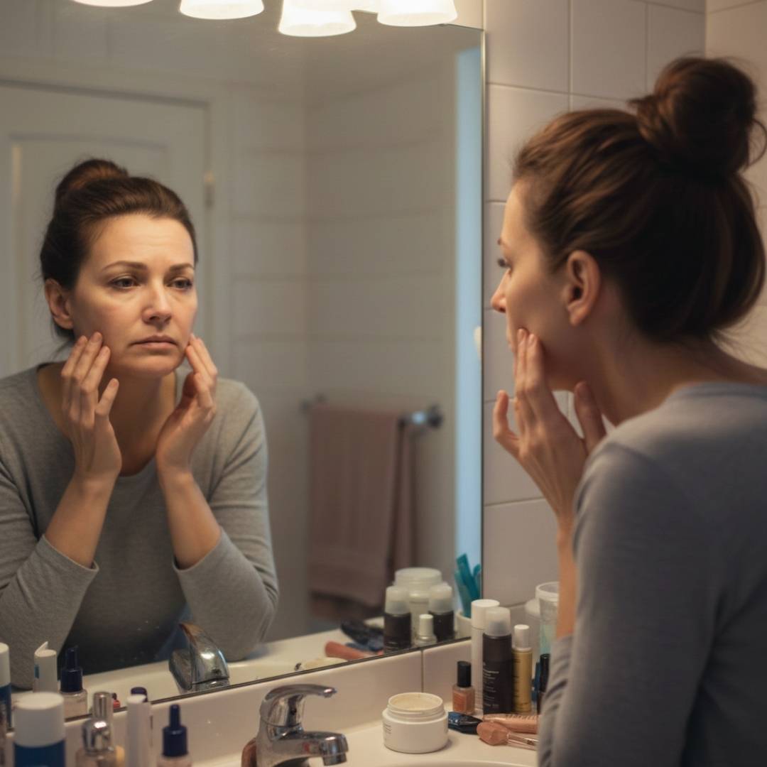 Donna di 50 anni che si guarda allo specchio del bagno con espressione stanca e delusa, toccandosi il viso e notando la perdita di tono della pelle.