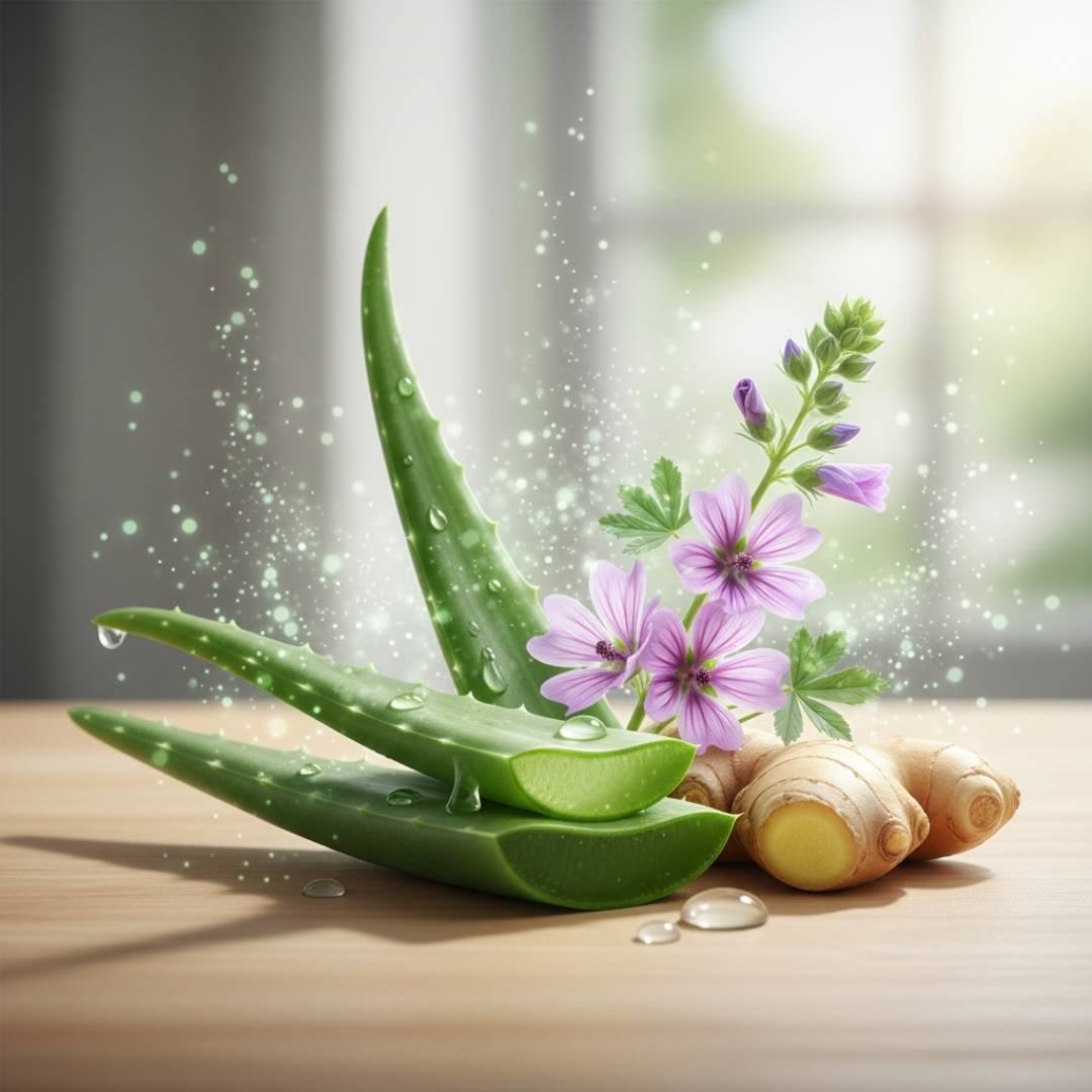 Composizione artistica degli ingredienti naturali di Laxapure: foglie fresche di Aloe Vera, fiori di Malva e radice di Zenzero su sfondo luminoso.