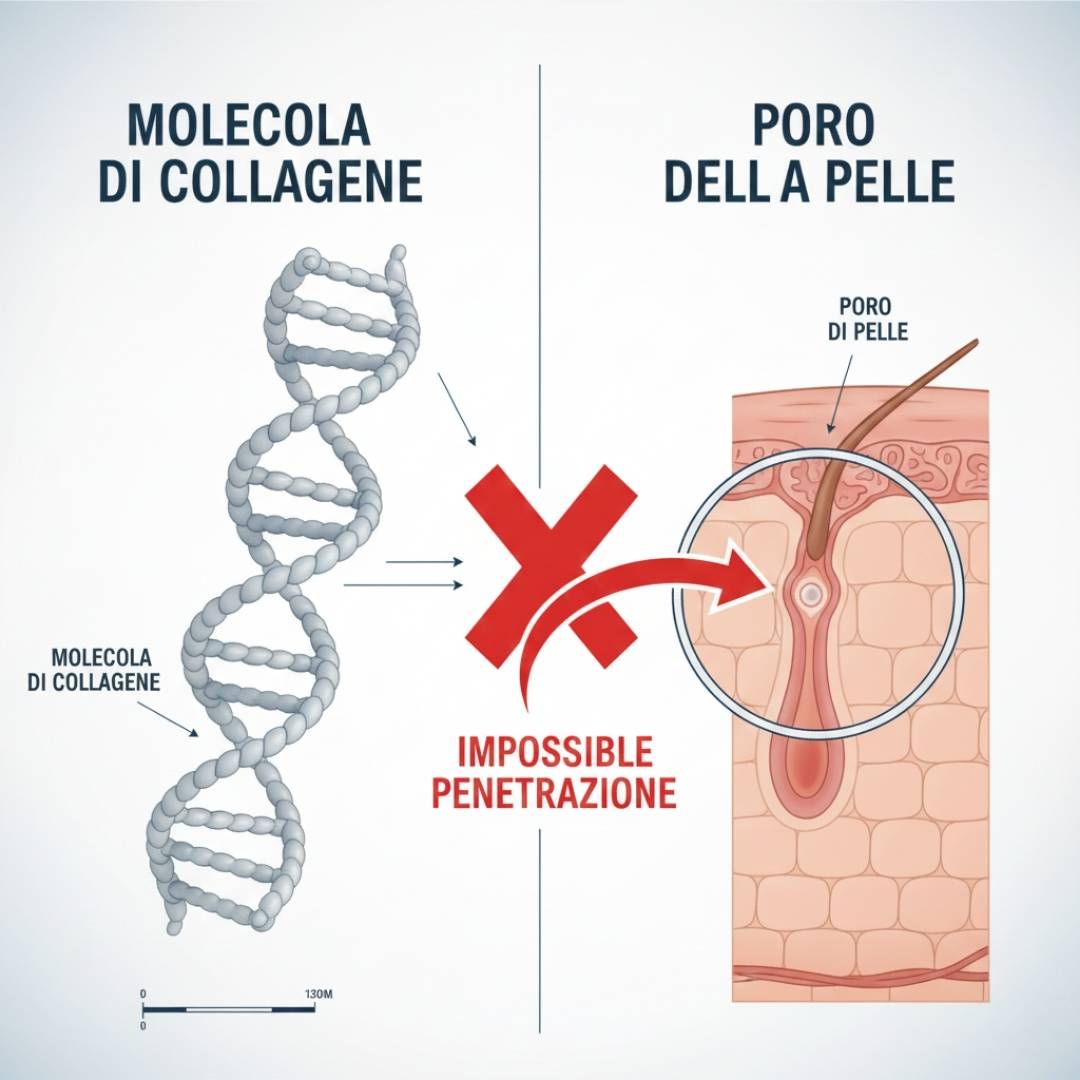 Infografica scientifica che mostra la dimensione enorme di una molecola di collagene rispetto al poro minuscolo della pelle, illustrando l'impossibilità di penetrazione.