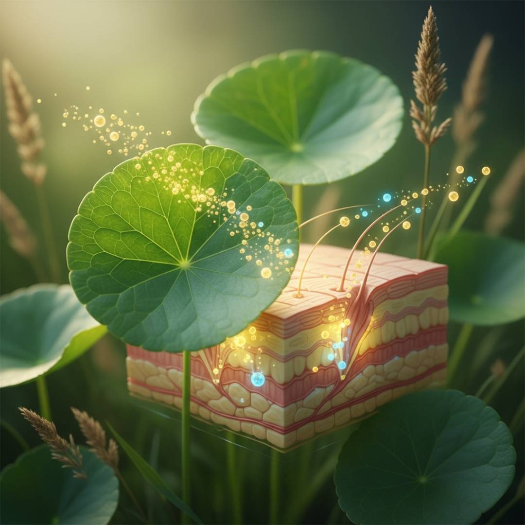 Primo piano artistico di foglie di Centella Asiatica con sovrapposizione grafica di particelle luminose (esosomi) che penetrano gli strati dermici.