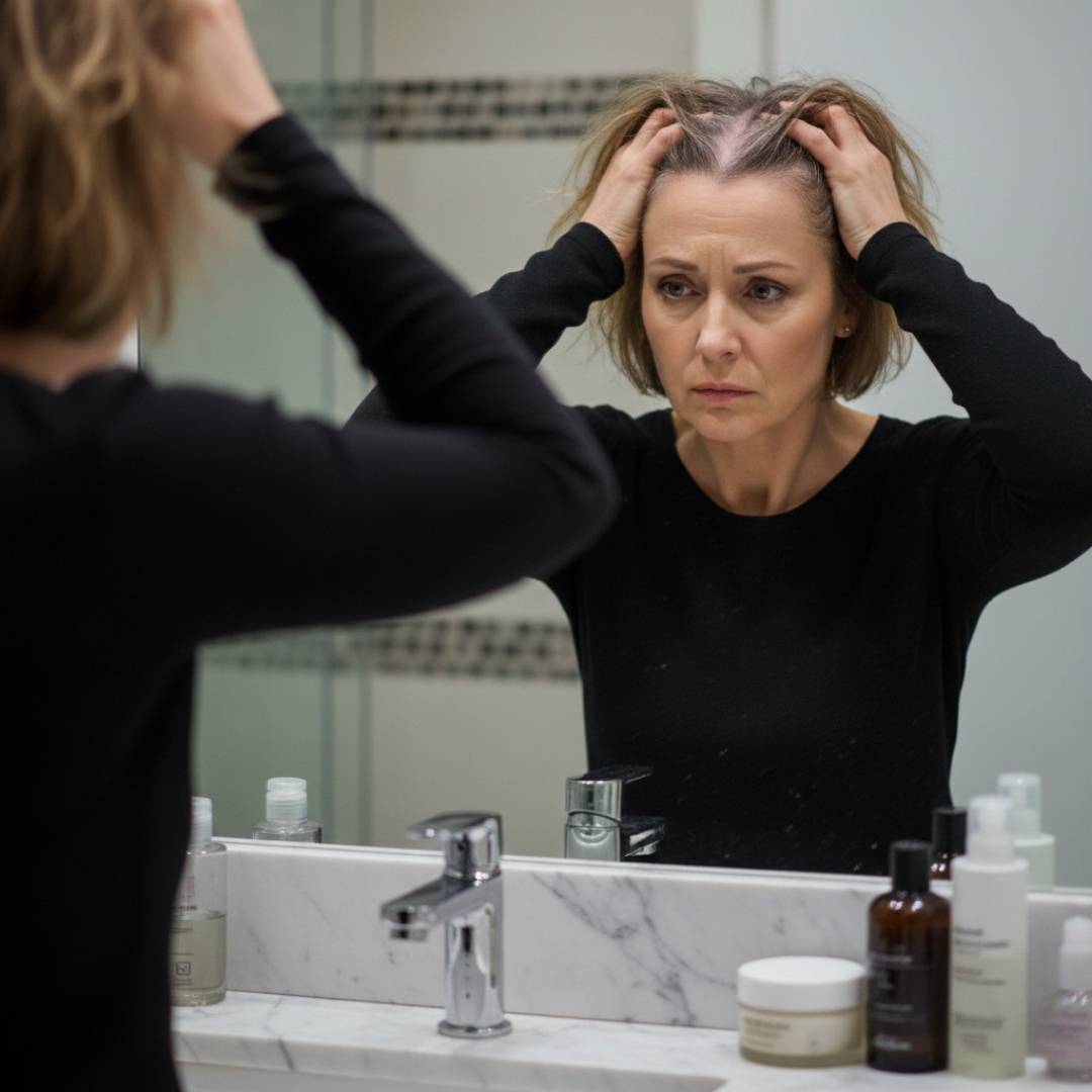 Donna di mezza età con espressione preoccupata che si guarda allo specchio toccandosi i capelli diradati sulla parte superiore della testa