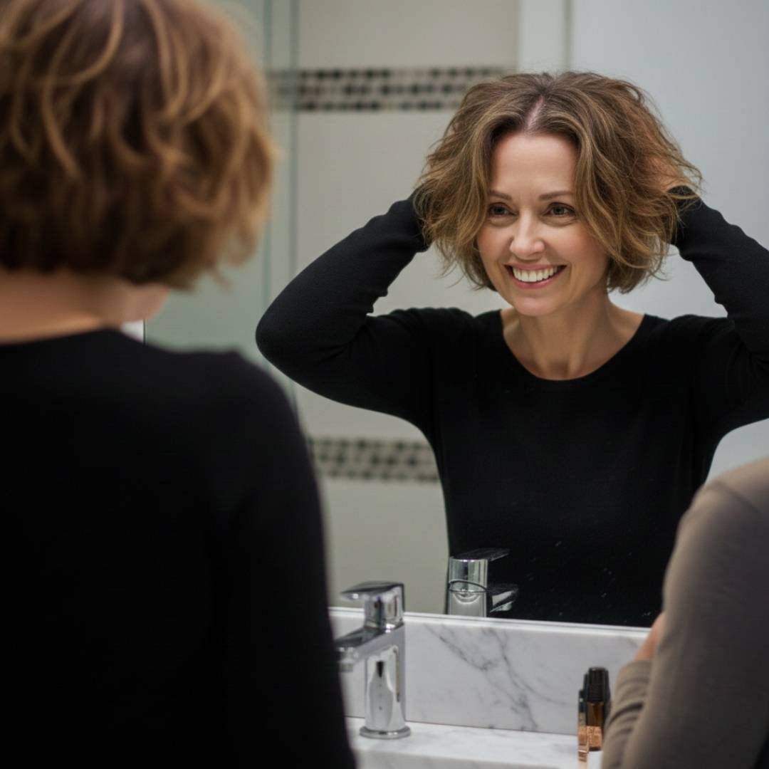 Donna sorridente di 50 anni con capelli visibilmente sani, folti e luminosi dopo il trattamento tricologico