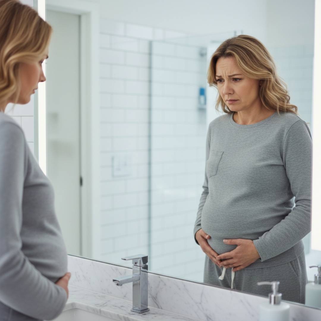 Donna di mezza età con espressione triste e preoccupata che si guarda la pancia gonfia allo specchio, toccandosi l'addome con disagio evidente.