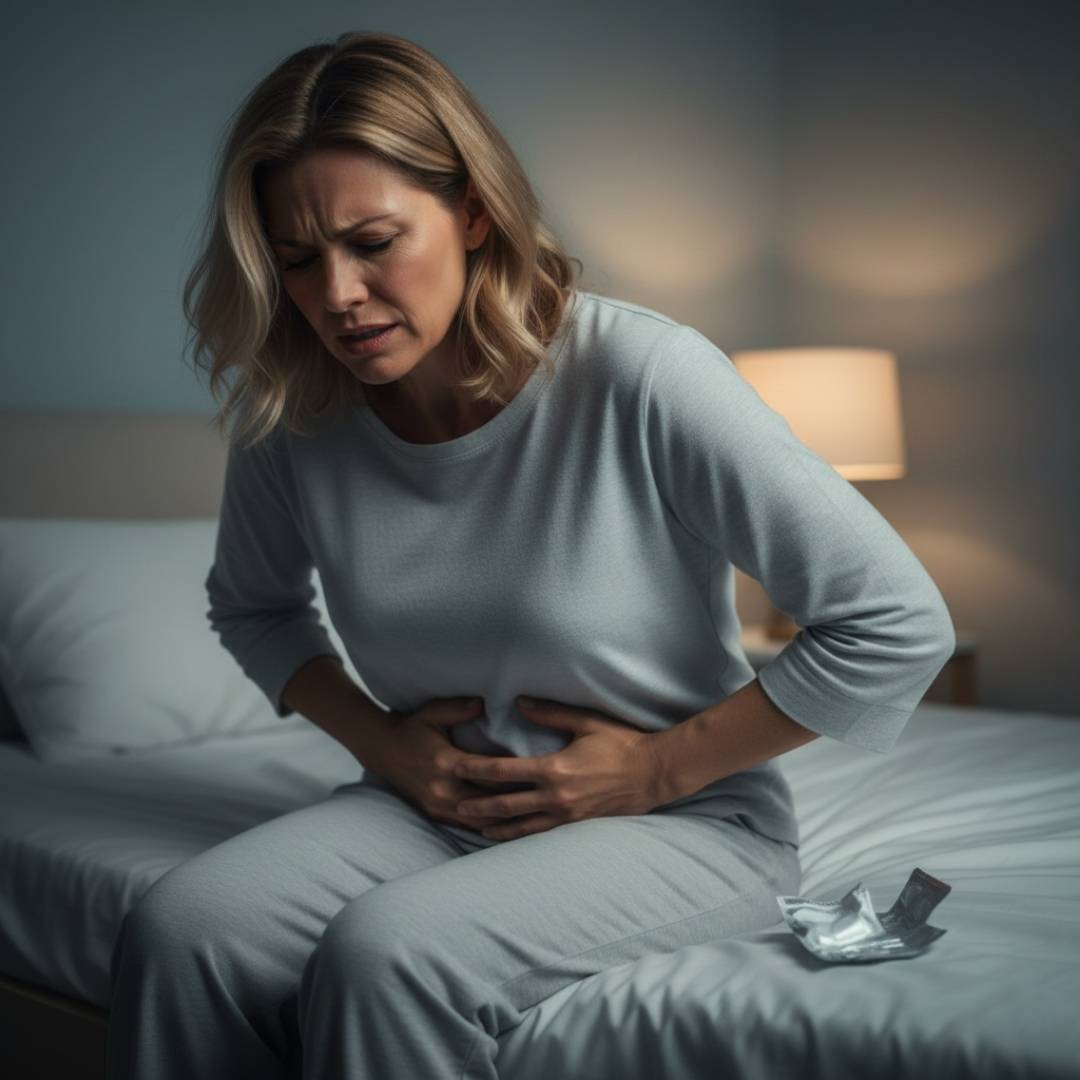 Donna sofferente seduta sul letto che si tiene la pancia a causa di forti crampi addominali dovuti a lassativi irritanti.