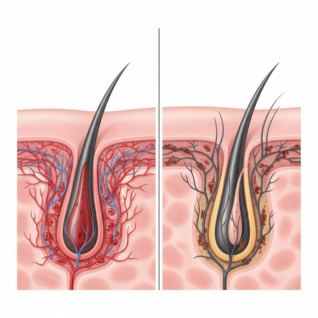 Grafica scientifica che mostra la differenza tra un follicolo sano irrorato dal sangue e un follicolo asfittico con capillari ristretti e radice debole